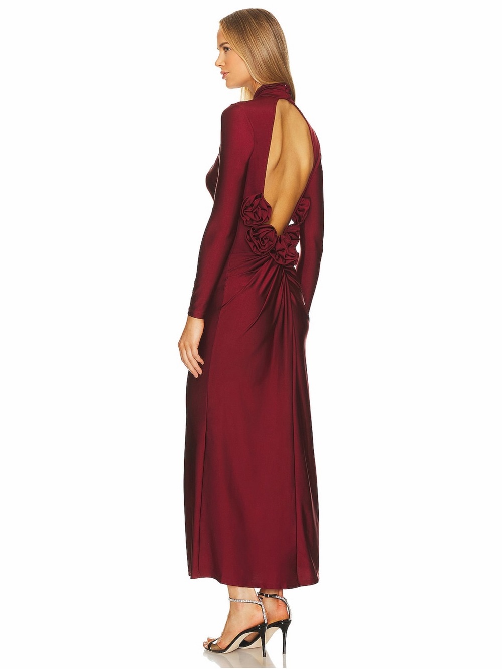 Camila Coelho Telma Maxi Backless Cocktail Dress Burgundy Rosette Long Sleeve XS